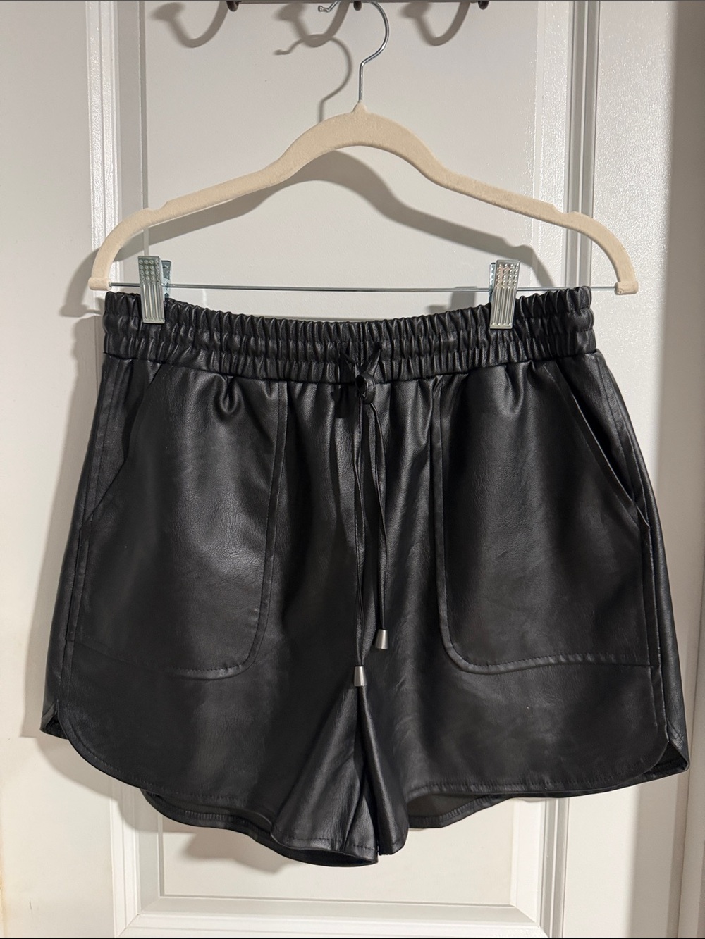 Black Faux Leather Athletic Shorts with Drawstring